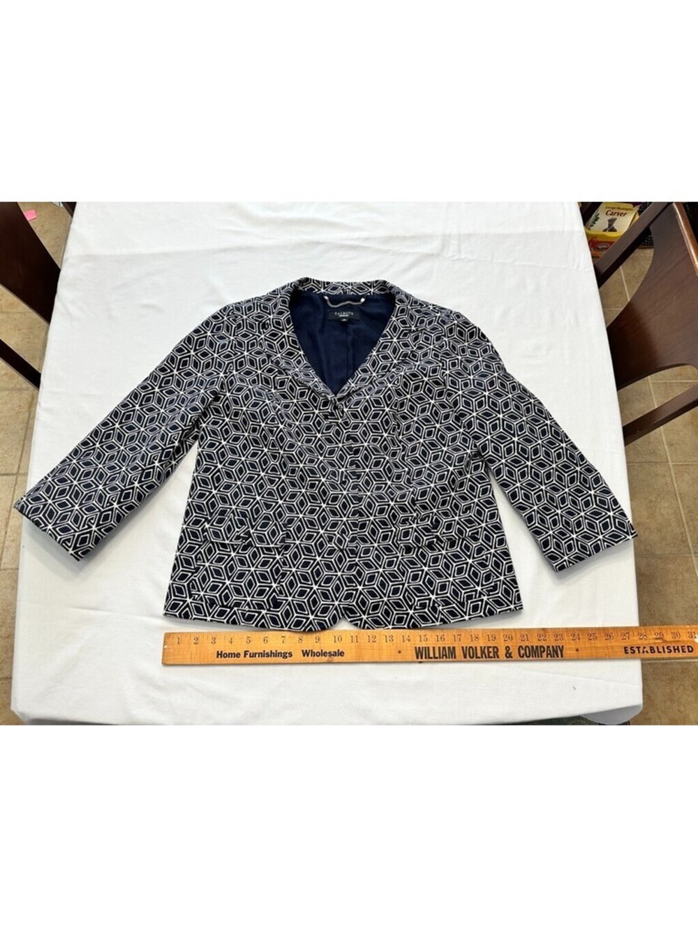Talbots Cotton Blazer Jacket Women's Black White Geometric Design 3 Button EUC